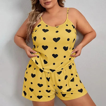 Plus Size Heart Print Pajama Set – Women’s Sleeveless Crop Top & Elastic Waist Shorts Nightwear