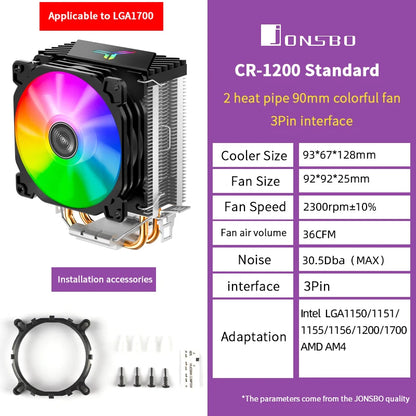 Jonsbo CR1200 RGB CPU Cooler — 2 Heat Pipe Tower with 9cm Colorful Fan for Intel LGA115X/775 & AMD AM4