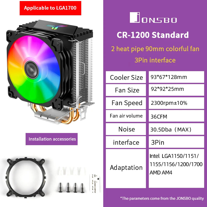 Jonsbo CR1200 CPU Cooler — 2 Heat Pipe Tower with RGB 9cm Fan for Intel LGA115X/775 & AMD AM4