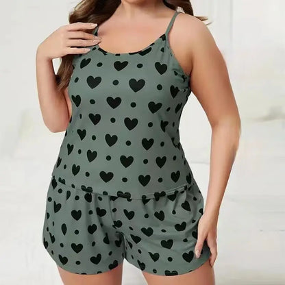 Plus Size Women's Pajama Set – Love Print Camisole & Shorts Sleepwear in Green (XL-3XL)