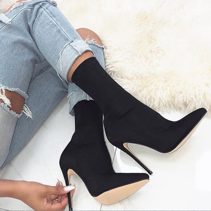 Women’s Satin Sock Ankle Boots - 7.5cm & 10cm High Heels Pointed Toe Winter Fashion Boots