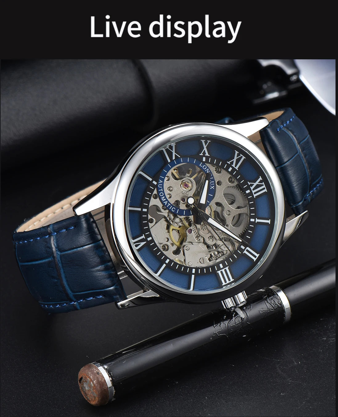 LONGLUX Rome Automatic Mechanical Waterproof Men’s Watch – Hollow Dial Leather Wristwatch Gift