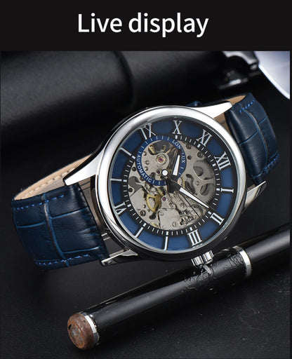 LONGLUX Rome Automatic Mechanical Waterproof Men’s Watch – Hollow Dial Leather Wristwatch Gift