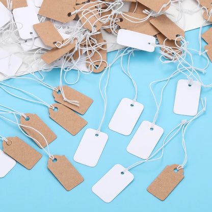 100PCS Small Jewelry Labels — DIY Blank Kraft Paper Tags with White Elastic Line, Multi-Size Price Tags X13