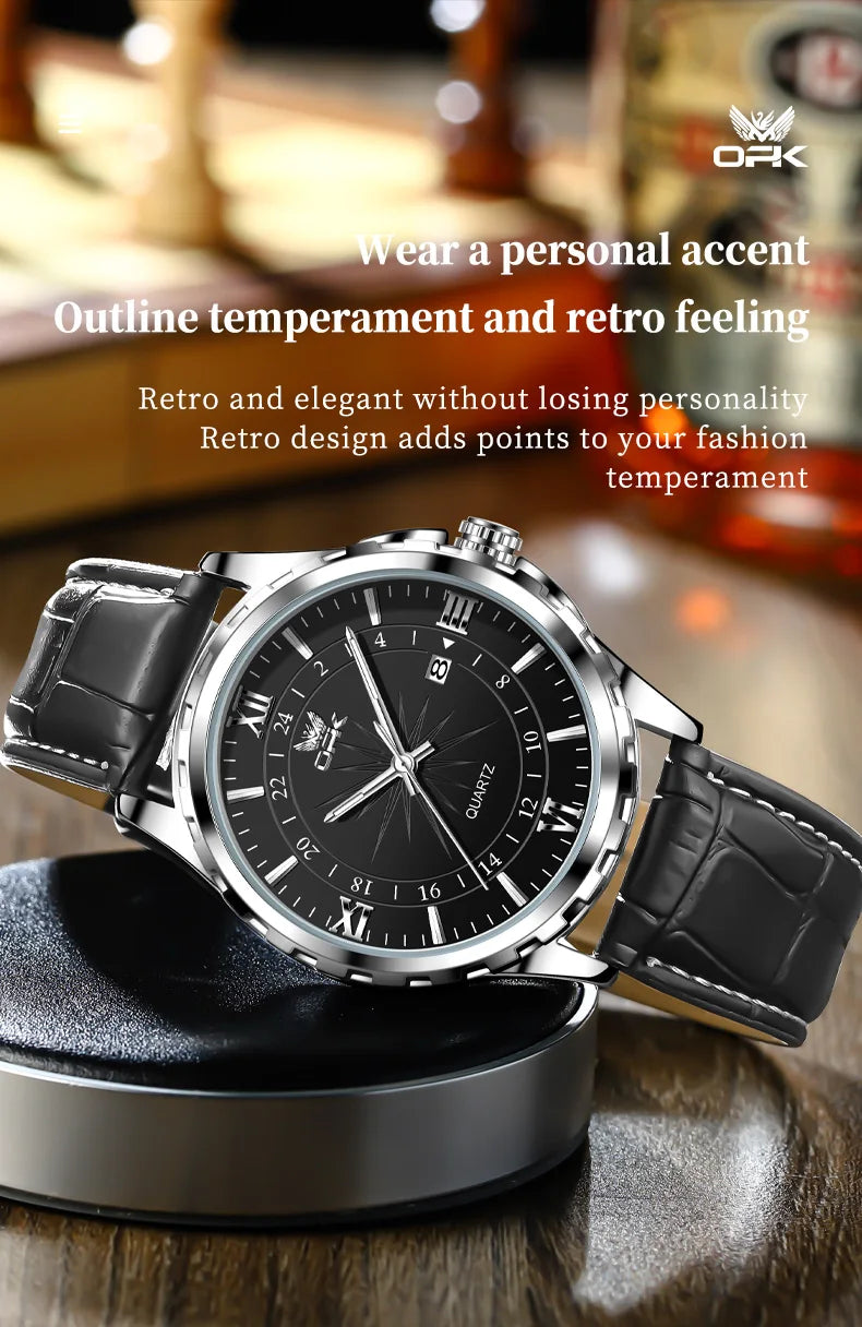 OPK Men's Quartz Watch — Steel Belt Dual Calendar Wristwatch Model 6003