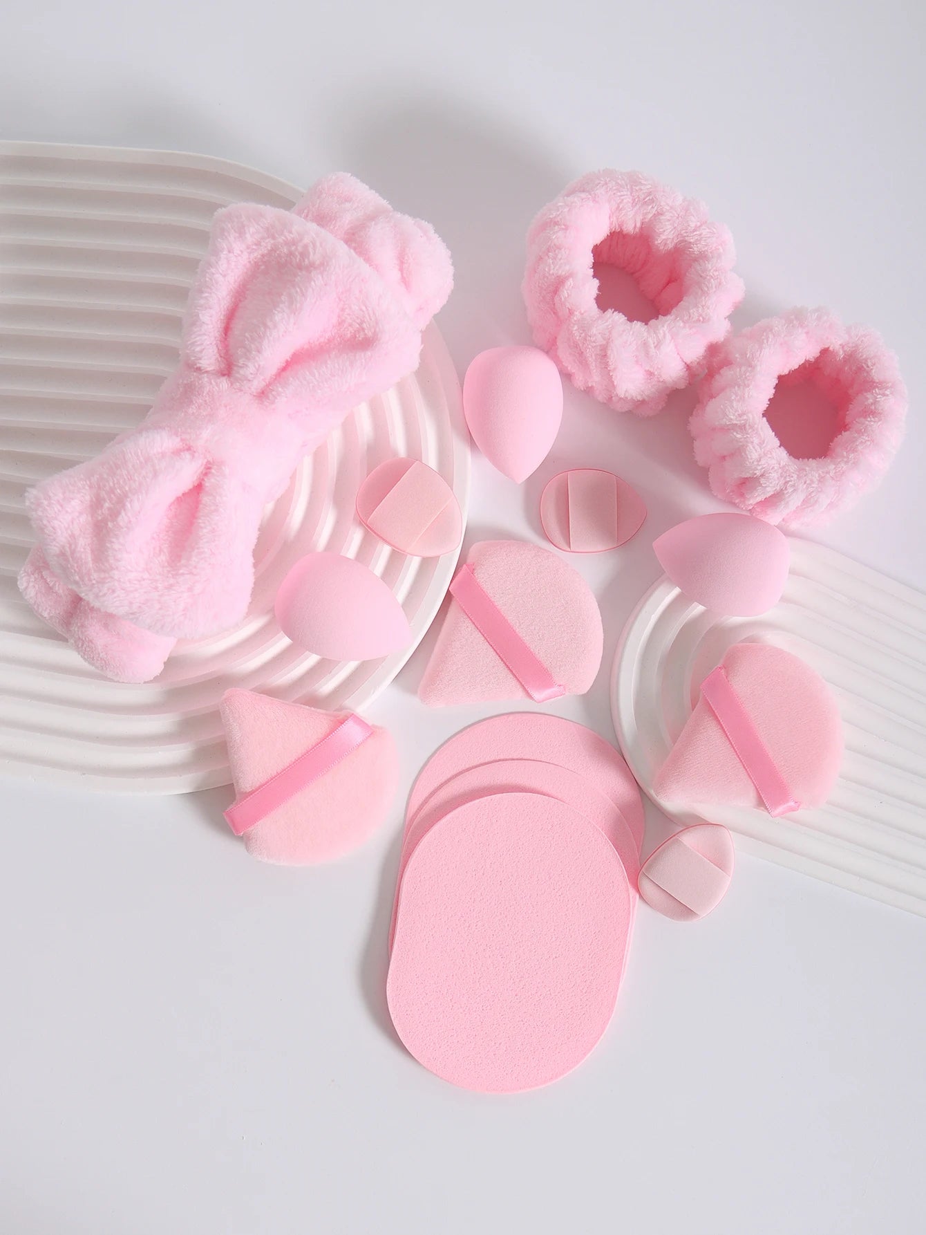15Pcs Multi-Colored Fluffy Headband & Makeup Sponge Set - Sweet Style Beauty Essentials