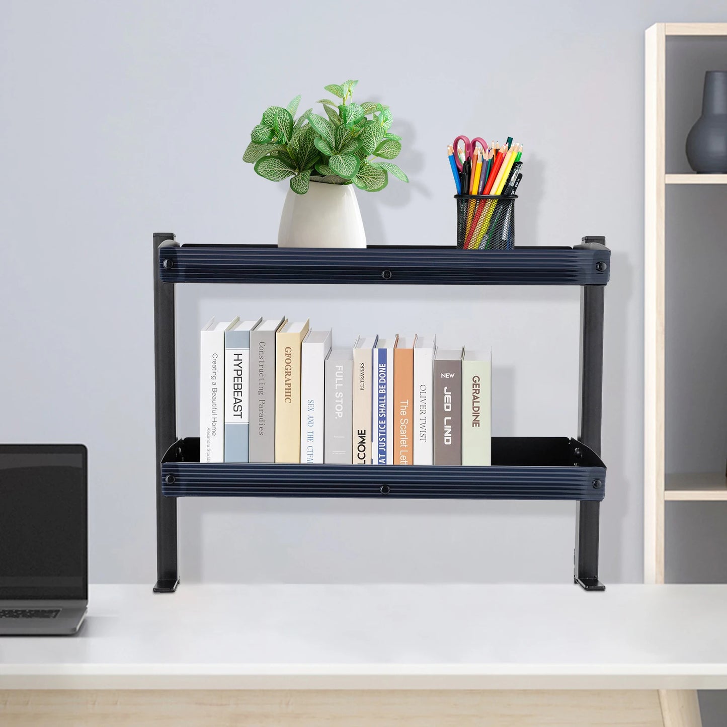 2-Tier Clamp-On Desk Shelf – Corner Table Organizer, Above or Under Desk, Black