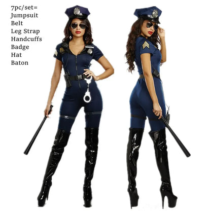 Women's Blue Police Jumpsuit Costume - 7-Piece Zipper Cop Uniform Set for Halloween Cosplay