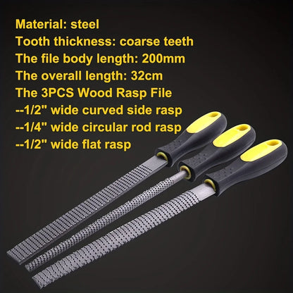 3Pcs Woodworking File Set – Round, Half-Round & Flat Carbon Steel Rasp Files for Wood Shaping, Carving & Precision Craft Work