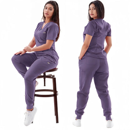 Multicolor Jogger Suit Nurse Scrubs Set - Medical Clinical Clothes with Short Sleeve V-Neck Tops and Pocket Pants, Doctor Nursing Uniforms