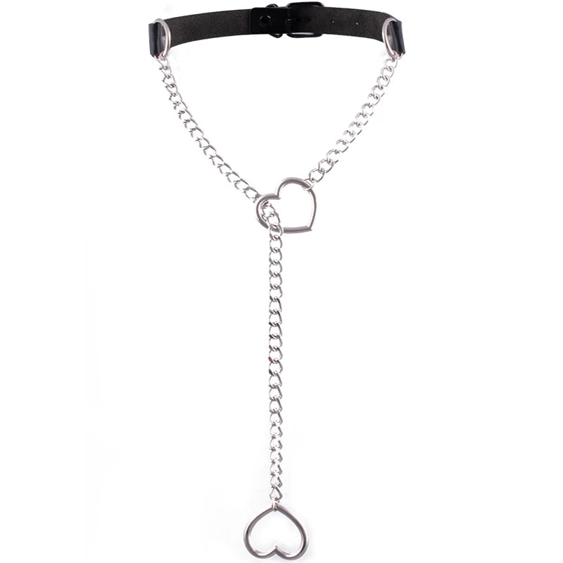 Heart Slip Chain Necklace – Black Leather Gothic Choker for Women, Punk & Goth Jewelry