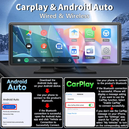10.26" Portable Car Stereo - Wireless CarPlay & Android Auto Touchscreen with GPS Navigation and FM Multimedia Player