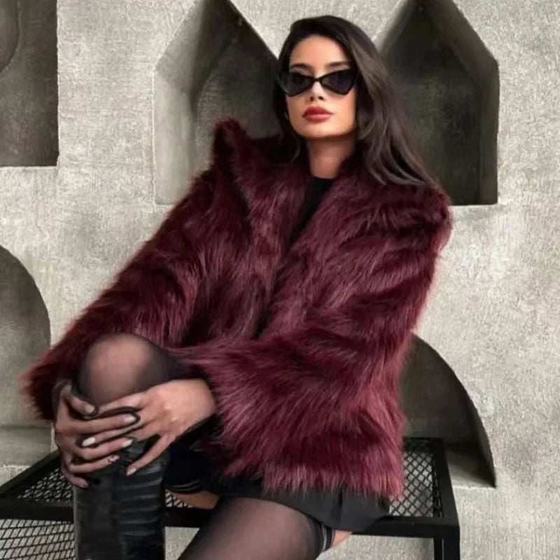 HXAO Women's Fur Coat – 2024 Plush Burgundy Bomber Jacket, Solid Crop Long Sleeve Warm Winter Casual Coat