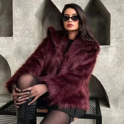 HXAO Women's Fur Coat – 2024 Plush Burgundy Bomber Jacket, Solid Crop Long Sleeve Warm Winter Casual Coat
