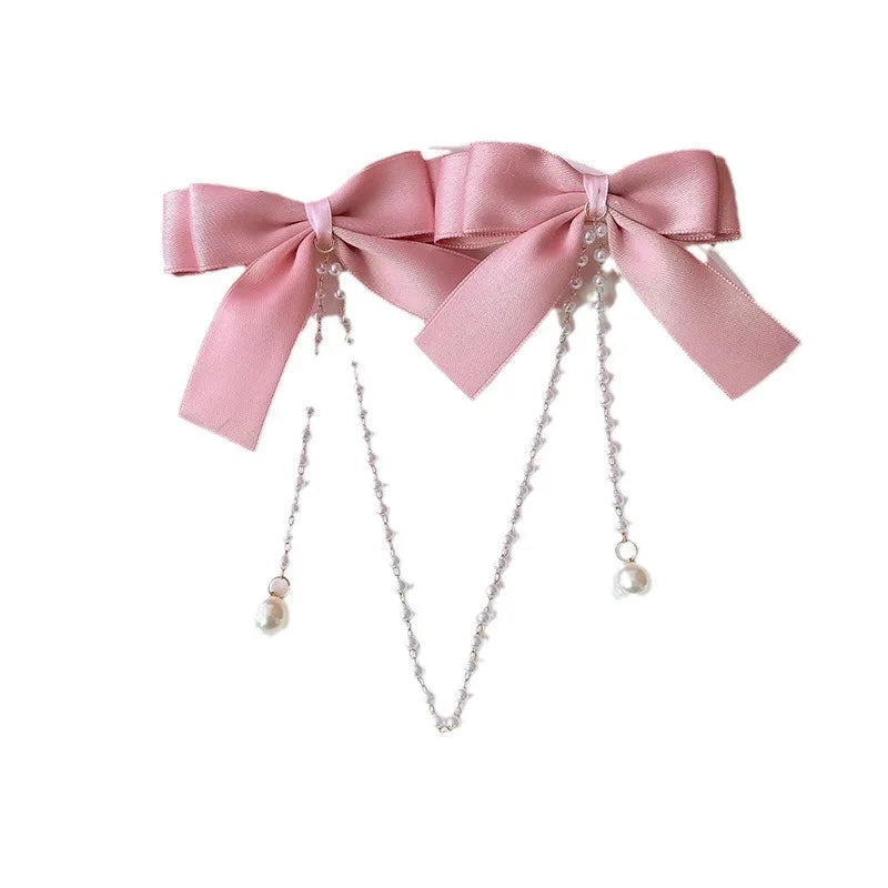 Sweet Princess Pink Pearl Bow Hair Clip – Cute Chain Hairpin for Women & Girls Back Head Fashion Hair Accessories