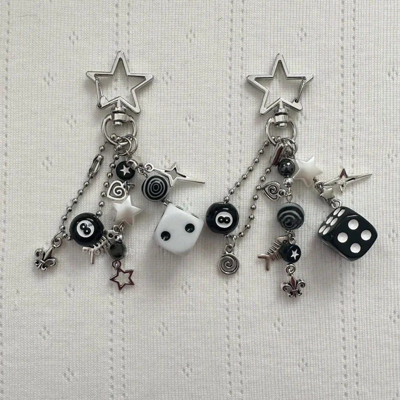 Handmade Rockstar GF Black & White Dice Keychains – Edgy Grunge Y2K Beaded Jewelry, Emo Bag Pendant Accessory