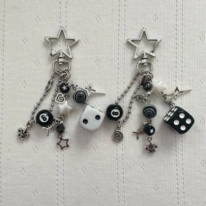 Handmade Rockstar GF Black & White Dice Keychains – Edgy Grunge Y2K Beaded Jewelry, Emo Bag Pendant Accessory