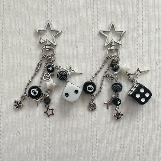 Handmade Rockstar GF Black & White Dice Keychains – Edgy Grunge Y2K Beaded Jewelry, Emo Bag Pendant Accessory