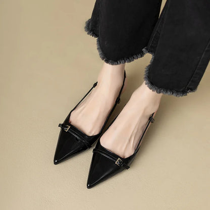 2024 Summer French Wine Red Pointed Patent Leather Mid-Heel Sandals for Women - Retro Skinny Heel