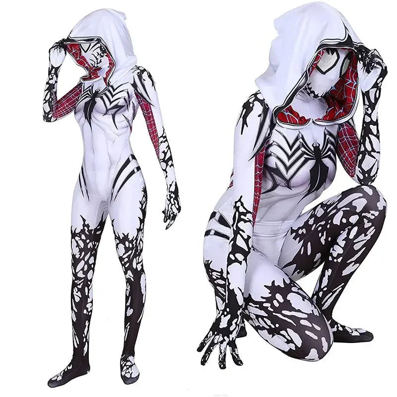 MINISO Spider Gwen Stacy Cosplay Costume – Women’s 3D Print Jumpsuit Onesie with Hat and Mask, Soft Material for Halloween