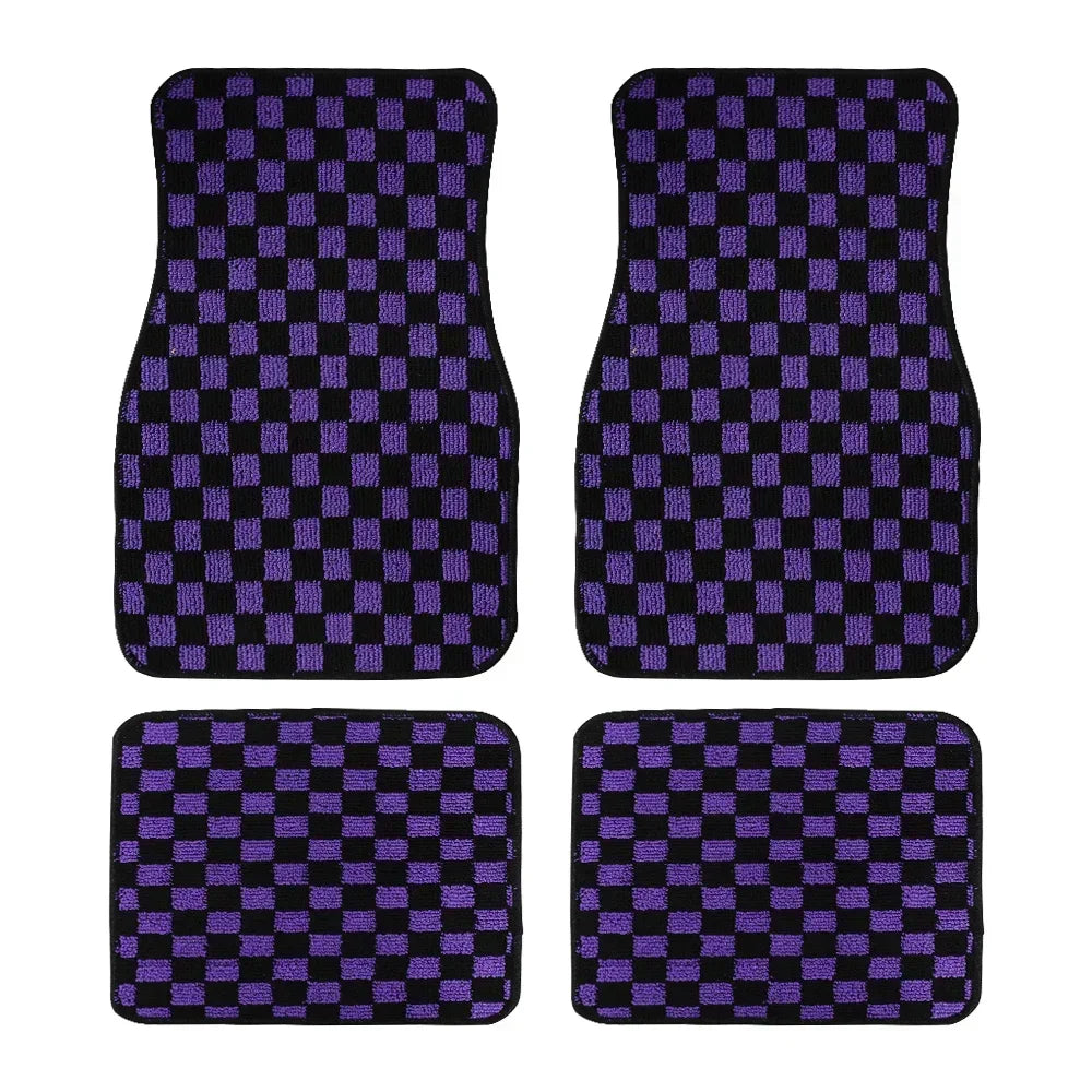 4PCS Universal Checkered Car Floor Mats - Anti-Slip Front & Rear Checkerboard Auto Carpet Foot Mats