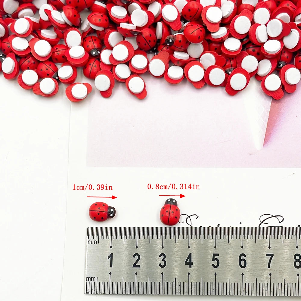 100Pcs Wooden Mini Ladybug Stickers – 8x11mm Self-Adhesive Red DIY Craft Decorations for Scrapbooking, Home, Garden & Party Decor