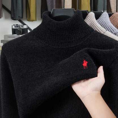 Men's Velvet High Neck Sweater - Luxury Pony Embroidery Thick Warm Winter Knitted Pullover