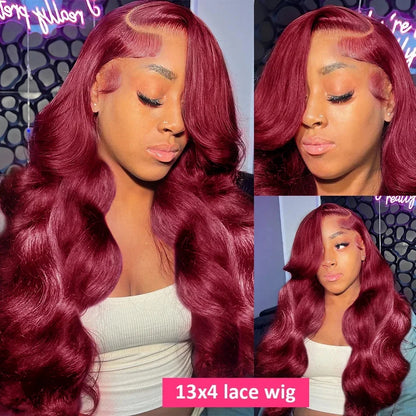 99J Burgundy Body Wave Human Hair Wig – 13x6 HD Transparent Lace Front, 30-40 Inch Curly Brazilian Hair for Women