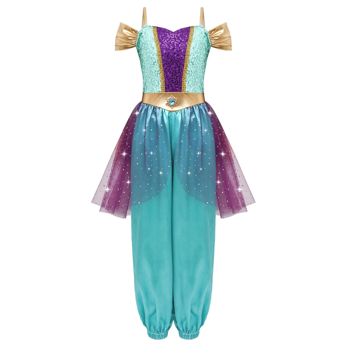 Girls Arabian Princess Costume - Metallic Sequin Bodice Tulle Satin Jumpsuit for Halloween, Carnival & Dance Performances