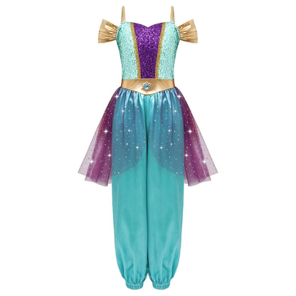 Girls Arabian Princess Costume - Metallic Sequin Bodice Tulle Satin Jumpsuit for Halloween, Carnival & Dance Performances