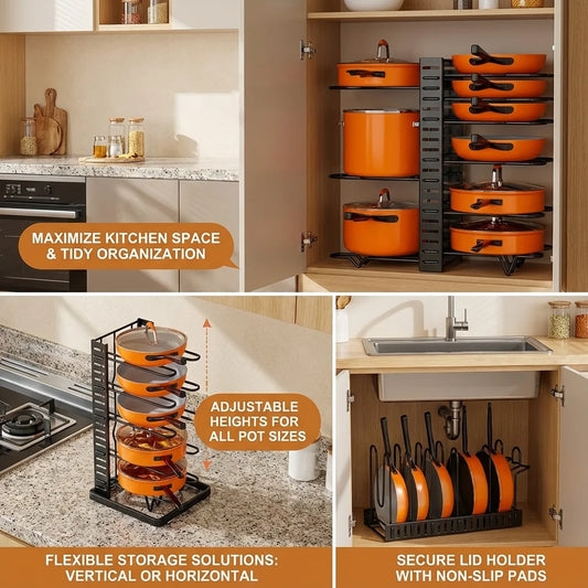 8-Tier Pot Rack Organizer - Space-Saving Metal Holder for Pots, Pans & Lids Kitchen Storage