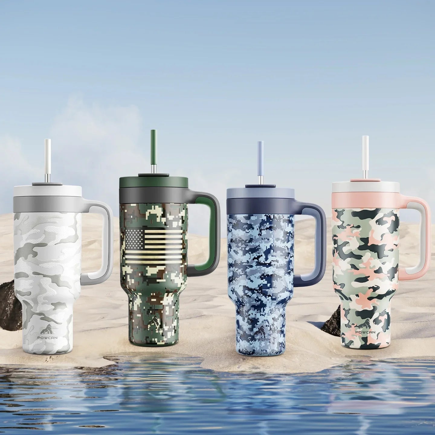 Powcan 40oz Stainless Steel Tumbler with Handle & Straw – Camouflage Prints, Leak-Proof Vacuum Travel Mug for Outdoors