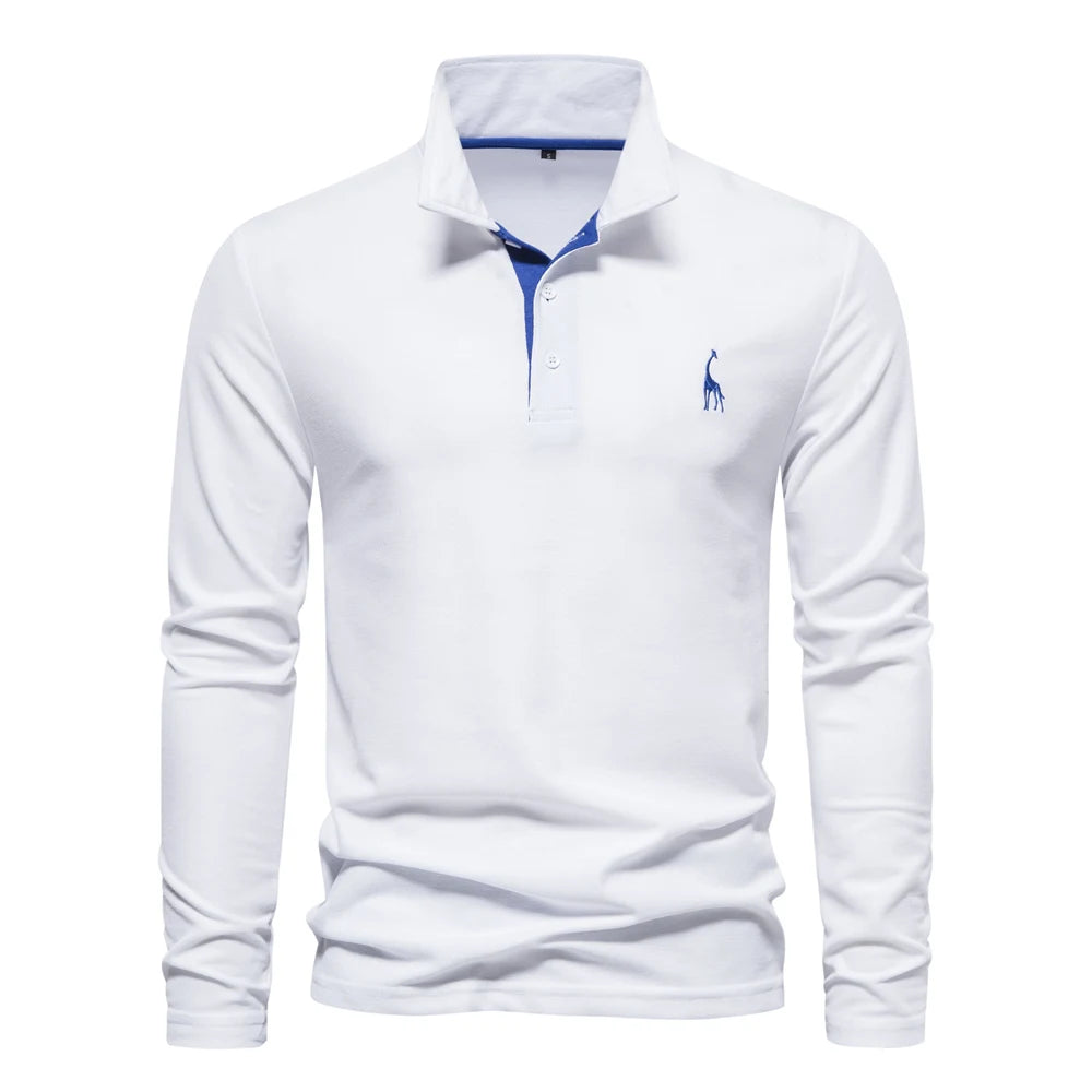 Men's Long Sleeve Embroidered Polo Shirt - Business Casual Solid Color Deer Design