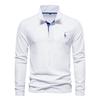 Men's Long Sleeve Embroidered Polo Shirt - Business Casual Solid Color Deer Design