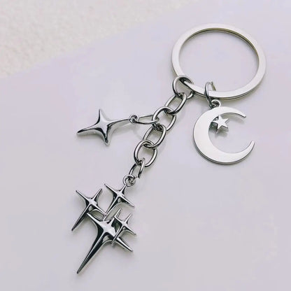 Star & Moon Alloy Keychain Pendant – Creative Four-Pointed Star Key Ring Bag Backpack Charm for Women & Men Jewelry Gift Accessories