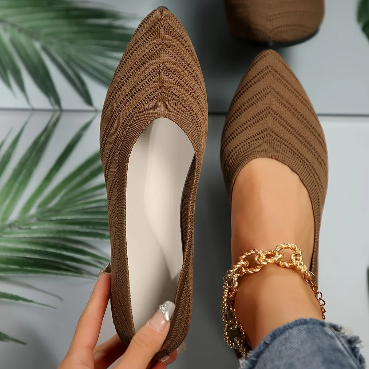 Women’s Pointed Toe Knitted Slip-On Flats – Solid Color Casual Breathable Ballet Loafers