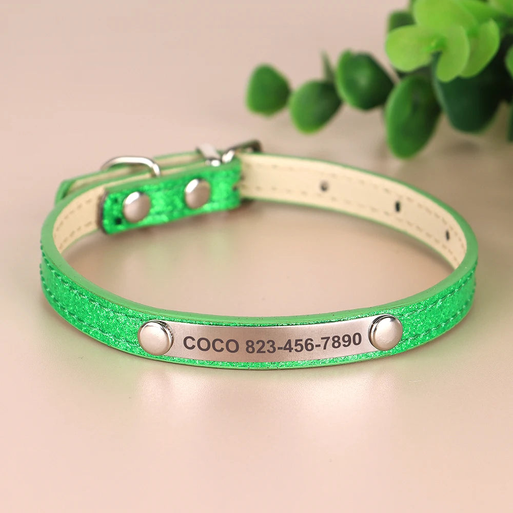 Personalized Cat Collar — Bling PU Leather Adjustable Collar with Custom ID Necklace for Cats, Kittens & Small Dogs