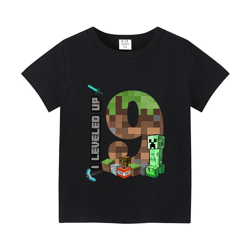 Miner Crafting Birthday Number T-Shirt – Cartoon Summer Short Sleeve Tops for Boys Party Gift