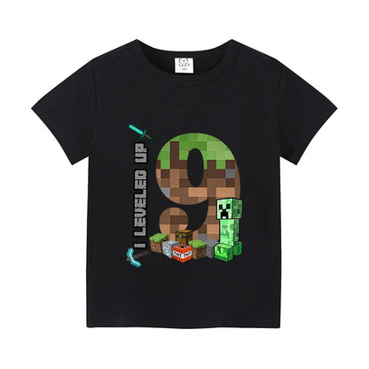 Miner Crafting Birthday Number T-Shirt – Cartoon Summer Short Sleeve Tops for Boys Party Gift