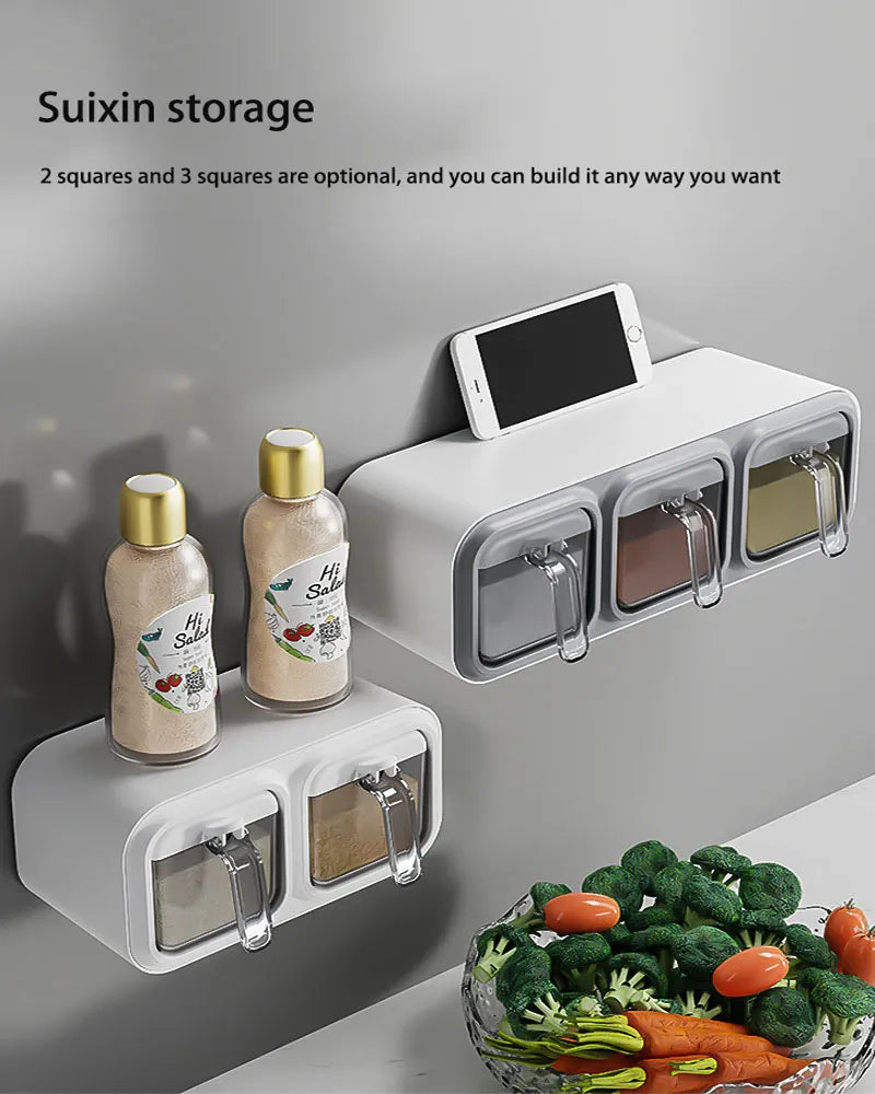 Kitchen Wall Mount Spice Rack Organizer Set - Spice Boxes, Sugar Bowl, Salt Shaker, and Seasoning Container for Efficient Storage