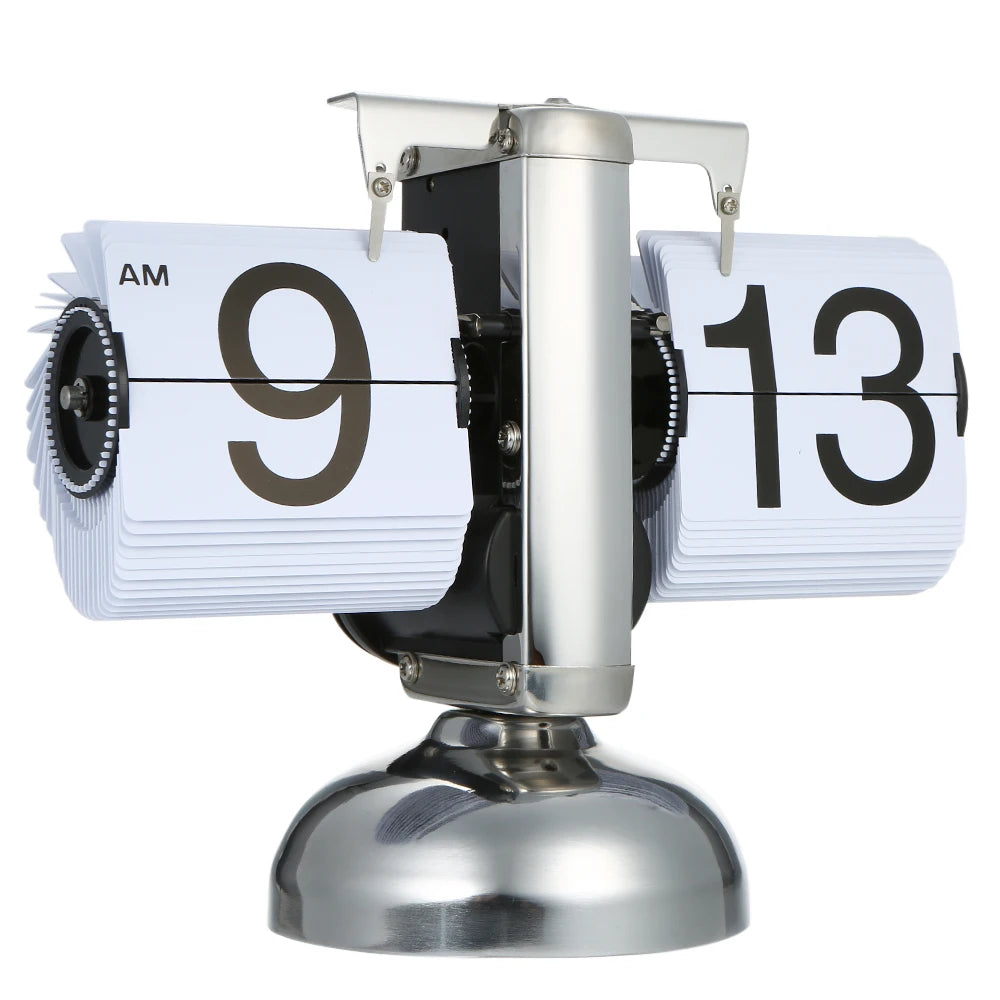 Small Retro Flip Clock – Stainless Steel Gear-Operated Table Clock, Black/White Quartz Design