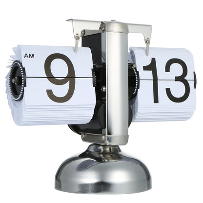 Small Retro Flip Clock – Stainless Steel Gear-Operated Table Clock, Black/White Quartz Design