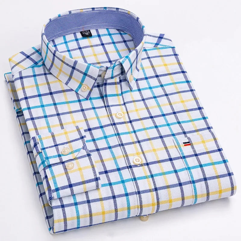 Men’s Cotton Oxford Shirt - Smart Casual Long Sleeve Plaid Print Dress Shirt, Regular Fit up to 6XL