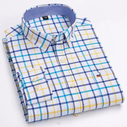 Men’s Cotton Oxford Shirt - Smart Casual Long Sleeve Plaid Print Dress Shirt, Regular Fit up to 6XL