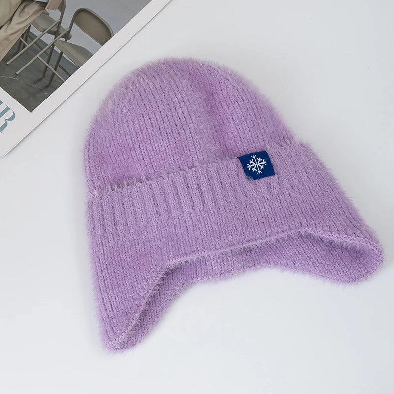 Women’s Earflap Winter Hat – Candy Color Faux Fur Knit Beanie, Kpop Style Streetwear Cap