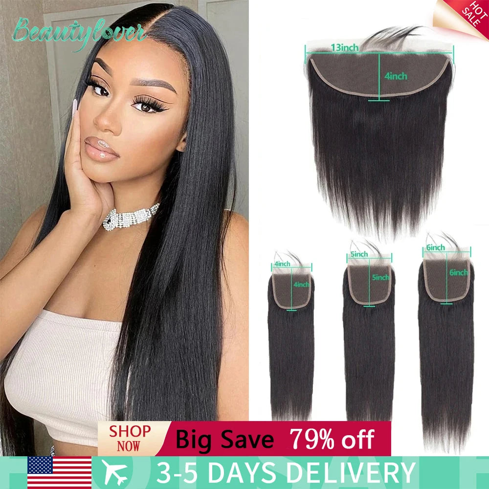 13x4 Transparent Lace Frontal – Brazilian Straight Human Hair Closure 4x4, 5x5, 6x6, 24 Inch for Women