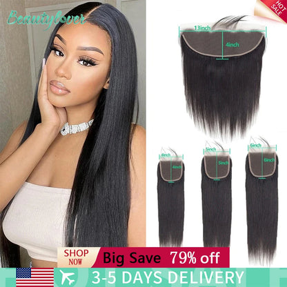 13x4 Transparent Lace Frontal – Brazilian Straight Human Hair Closure 4x4, 5x5, 6x6, 24 Inch for Women