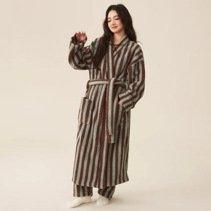 Couple’s Thickened Flannel Pajama Set – Coral Velvet Bathrobe & Striped Pants for Autumn Winter Homewear