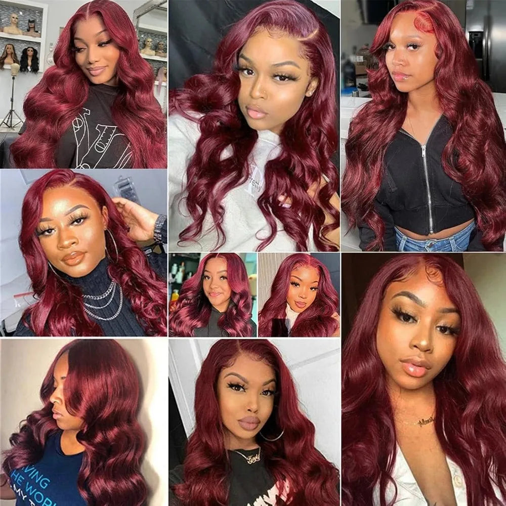 99J Burgundy Lace Frontal Wig – 13x6 Body Wave HD Transparent Lace Front Human Hair, Pre-Plucked 99J Red Color