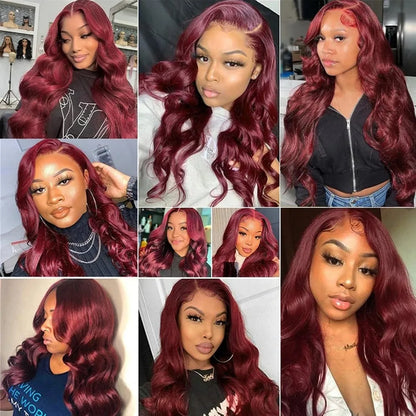 99J Burgundy Lace Frontal Wig – 13x6 Body Wave HD Transparent Lace Front Human Hair, Pre-Plucked 99J Red Color